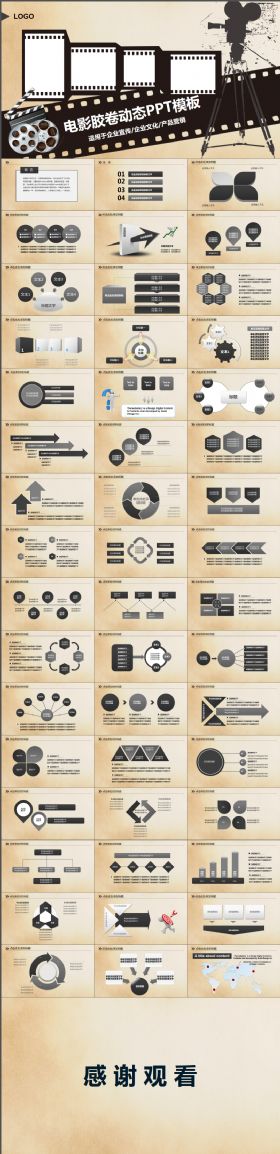 复古电影交卷工作总结汇报PPT模板