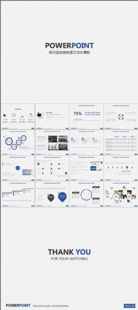 欧美极简蓝色商务图文动态PPT模板