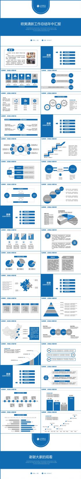 【完整框架】年中总结蓝色通用商务PPT模板