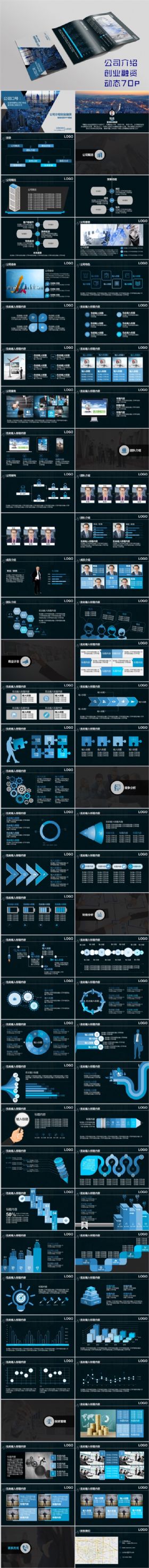 公司介绍创业融资品牌宣讲动态蓝色PPT模板（70P）