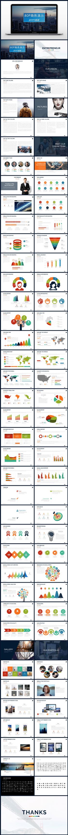 动态80页彩色商务汇报多图表PPT模板