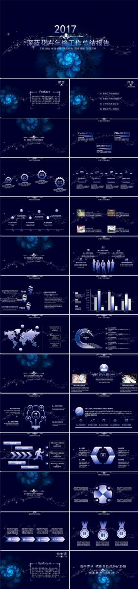 深蓝花卉年终工作总结汇报PPT模板