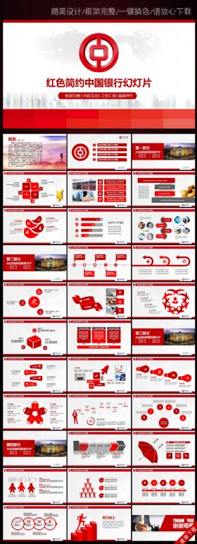 红色中国银行工作总结汇报PPT模板