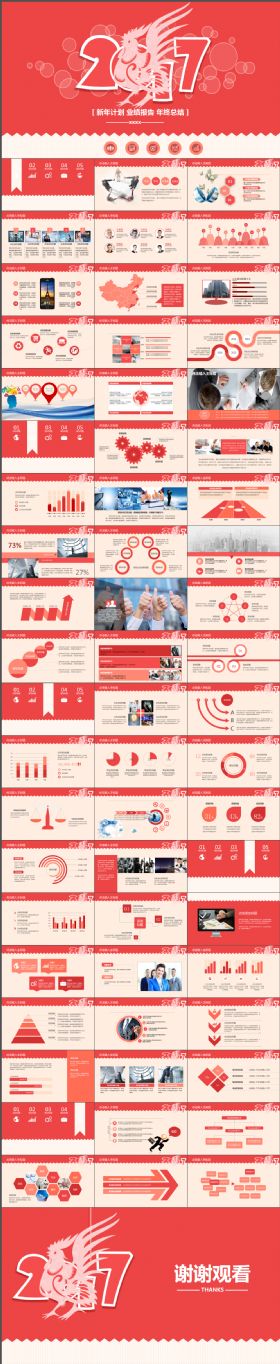 超级精美西瓜红鸡年商务工作总结汇报PPT模板