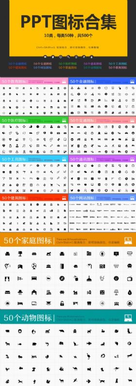 500个PPT图标建筑交通医疗金融网站家庭通讯工具动物教育图标