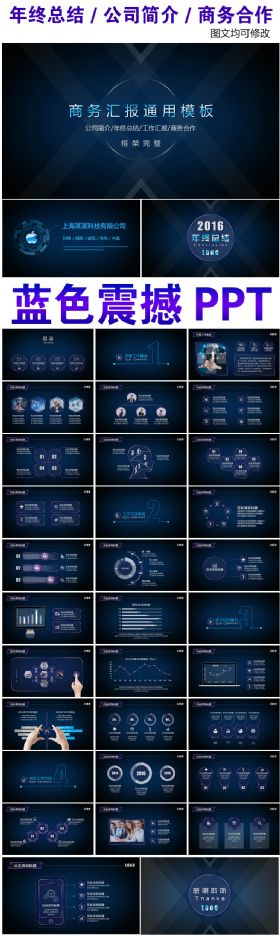 震撼蓝色商务年终工作总结汇报PPT模板