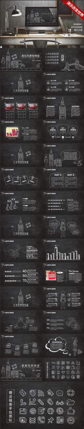 创意黑板手绘风商务总结项目汇报PPT图片下载