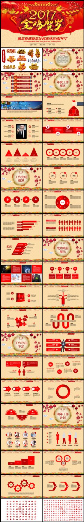 41P喜庆鸡年计划总结年度工作汇报PPT