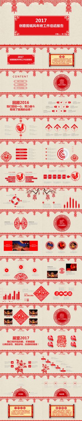 2017鸡年剪纸风创意年终工作总结PPT模板