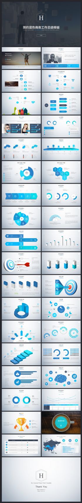 简约蓝色商务工作业绩分析PPT模板