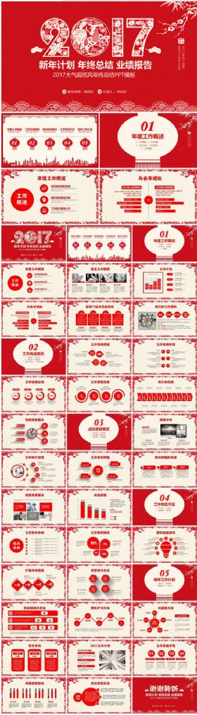 2017红色剪纸风新年计划年终总结业绩报告PPT模板