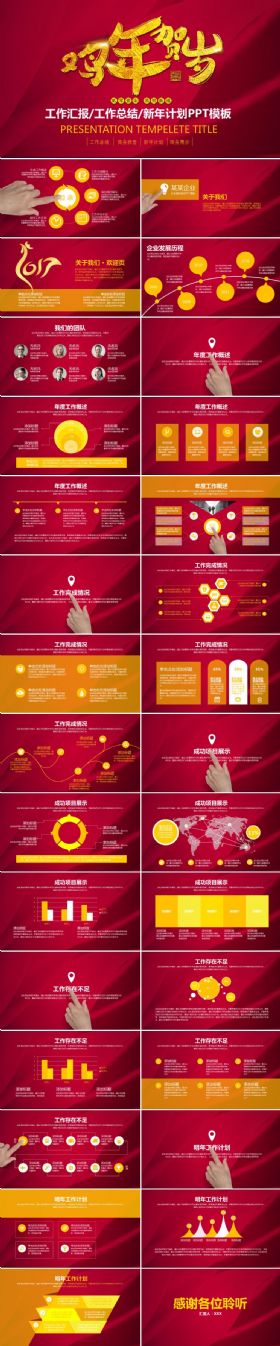 红色鸡年贺岁工作报告商务汇报工作总结述职报告新年计划ppt模板