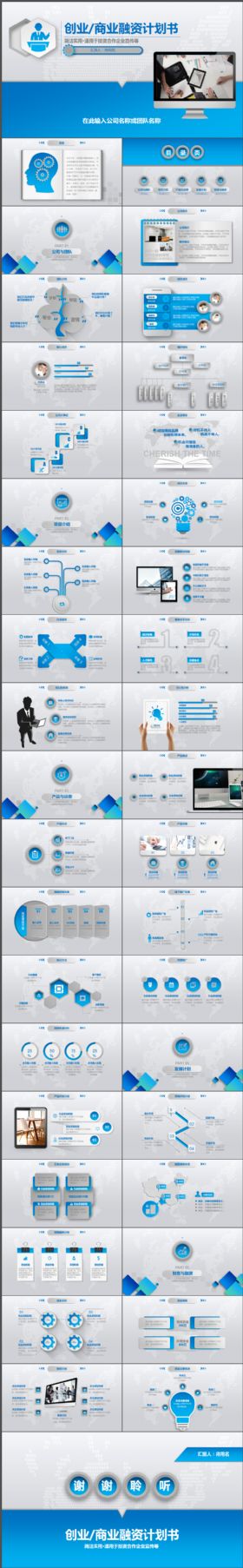 蓝色经典创业商业融资计划书PPT模板