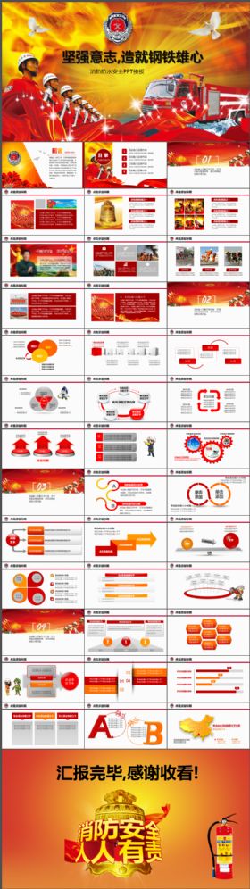 红色大气消防局防火救火安全总结会议交流PPT模板