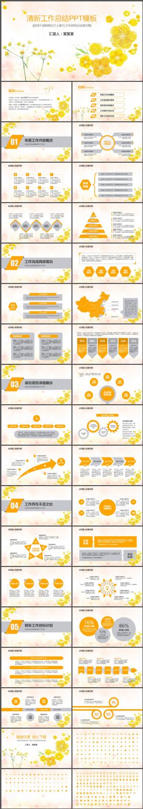 黄色清雅小清新工作总结PPT模板