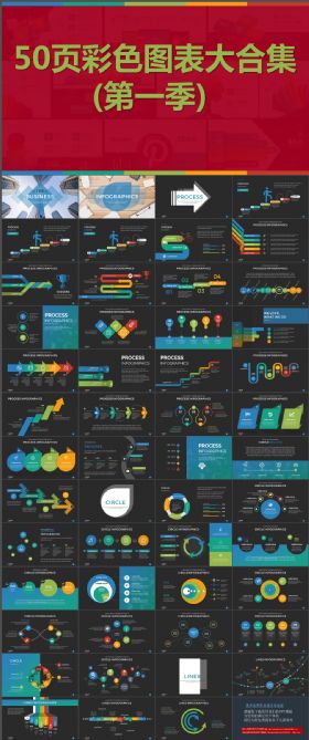 50页彩色扁平化数据图表合集动态ppt模版第一季