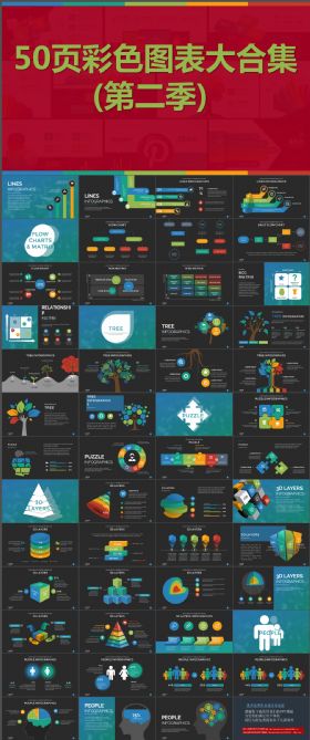 50页彩色扁平化数据图表合集动态ppt模版第二季