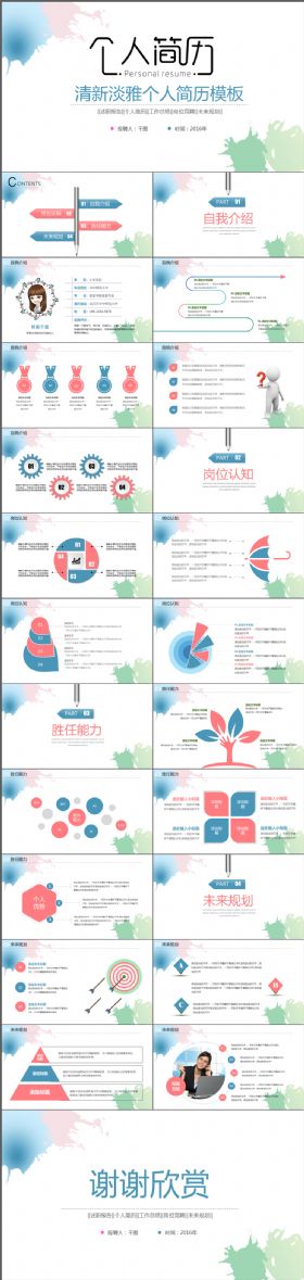 ISO欧美清新卡通可爱扁平商务简历自我介绍PPT模板