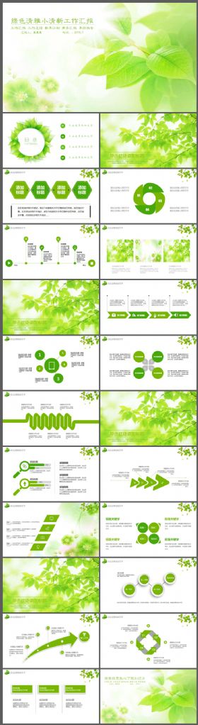绿色树叶清雅小清新工作汇报PPT模板