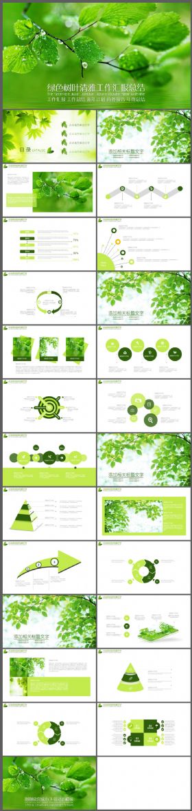 绿色清雅小清新树叶工作汇报总结PPT模板
