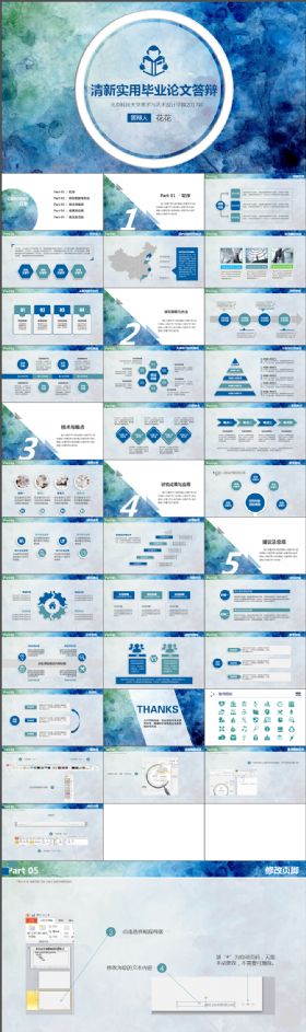 清新实用炫酷时尚蓝色水墨个性创意毕业论文答辩ppt模板