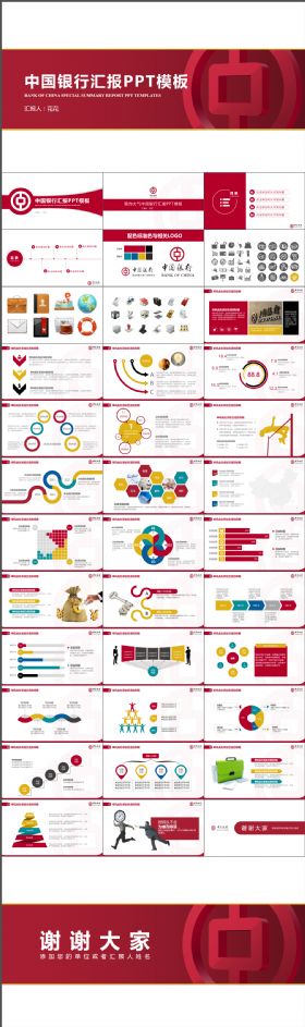 简约高端大气中国银行总结汇报专用模板——赠图标+2个封面1个结尾