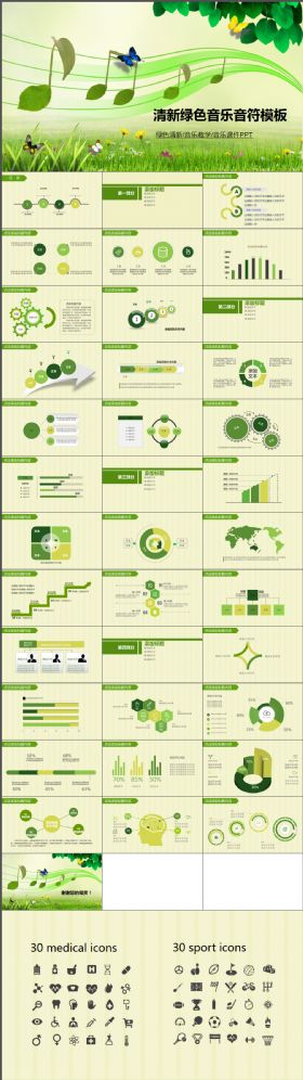 炫酷大气绿色清新清爽音乐音符教育教学音乐主题PPT模板