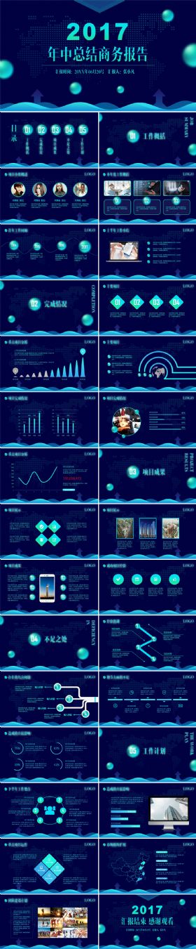 2017蓝色商务通用风年中总结ppt模板