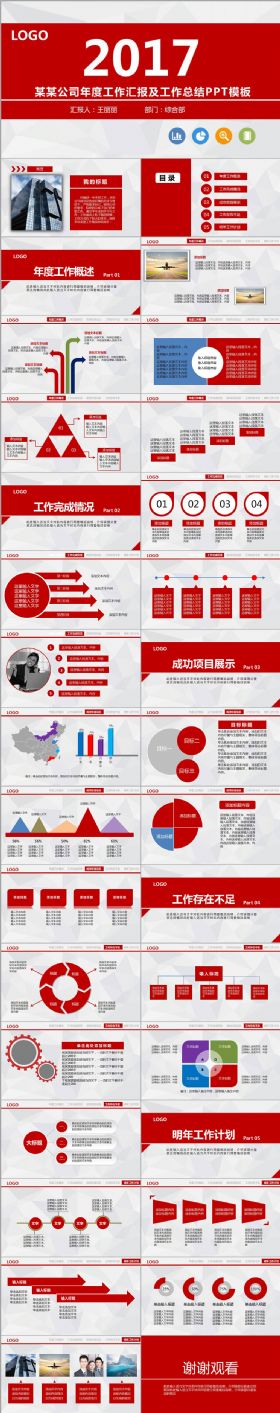 简约红色工作总结商务报告ppt模板