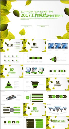 绿色树叶教育2017总结计划PPT模版