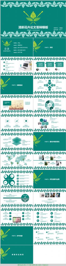 清新绿色花卉毕业论文答辩PPT模板